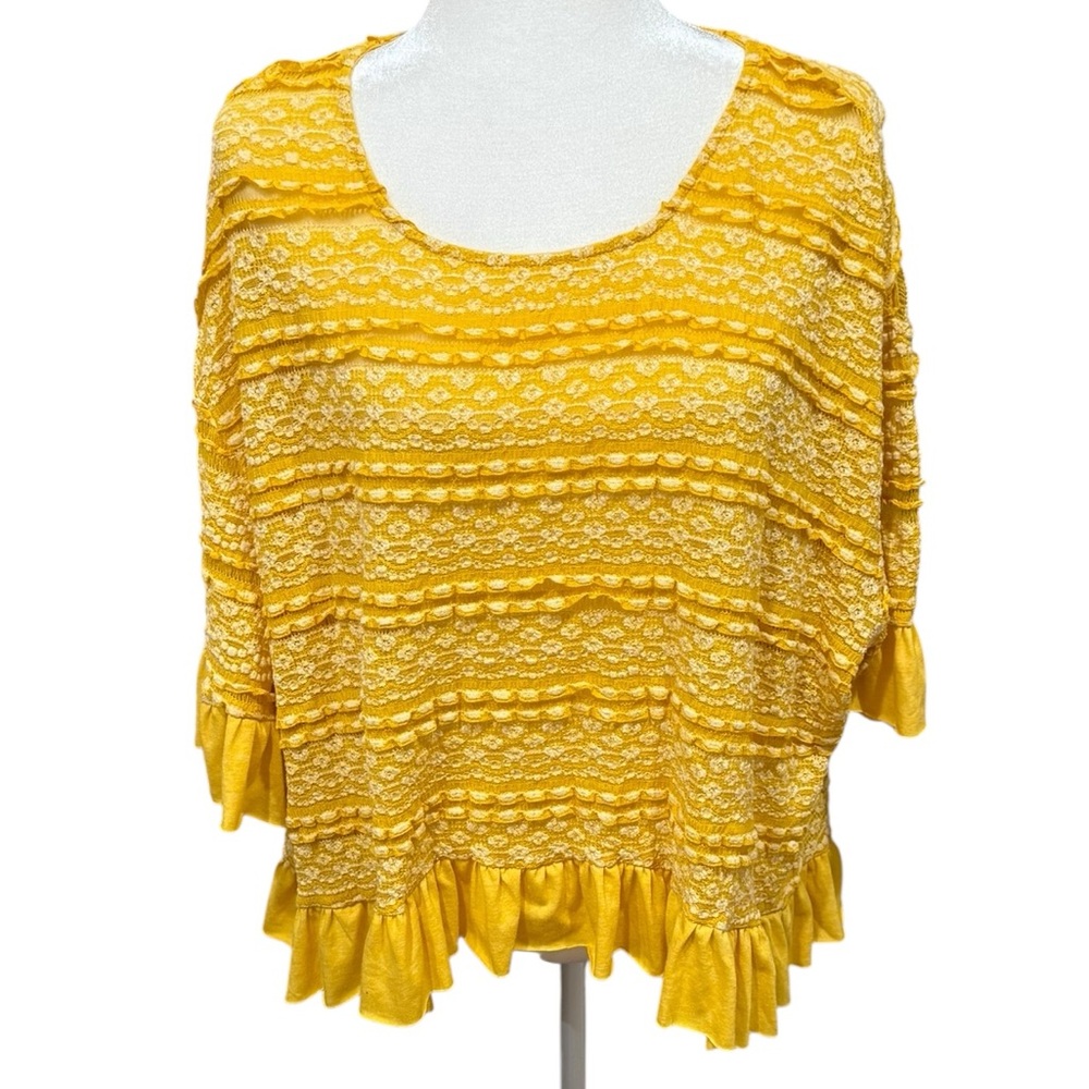 Umgee Yellow Ruffle Cropped‎ Lace Boho Blouse Top- Large